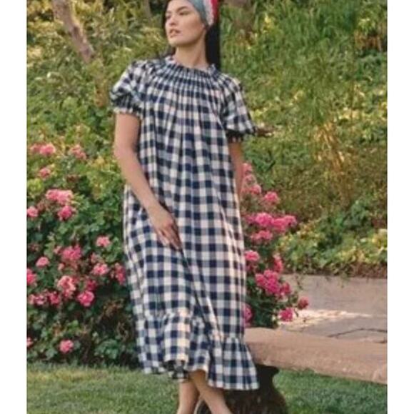 DÔEN Whisper Dress Blue White Gingham Embroidered Midi Dress - Picture 1 of 9